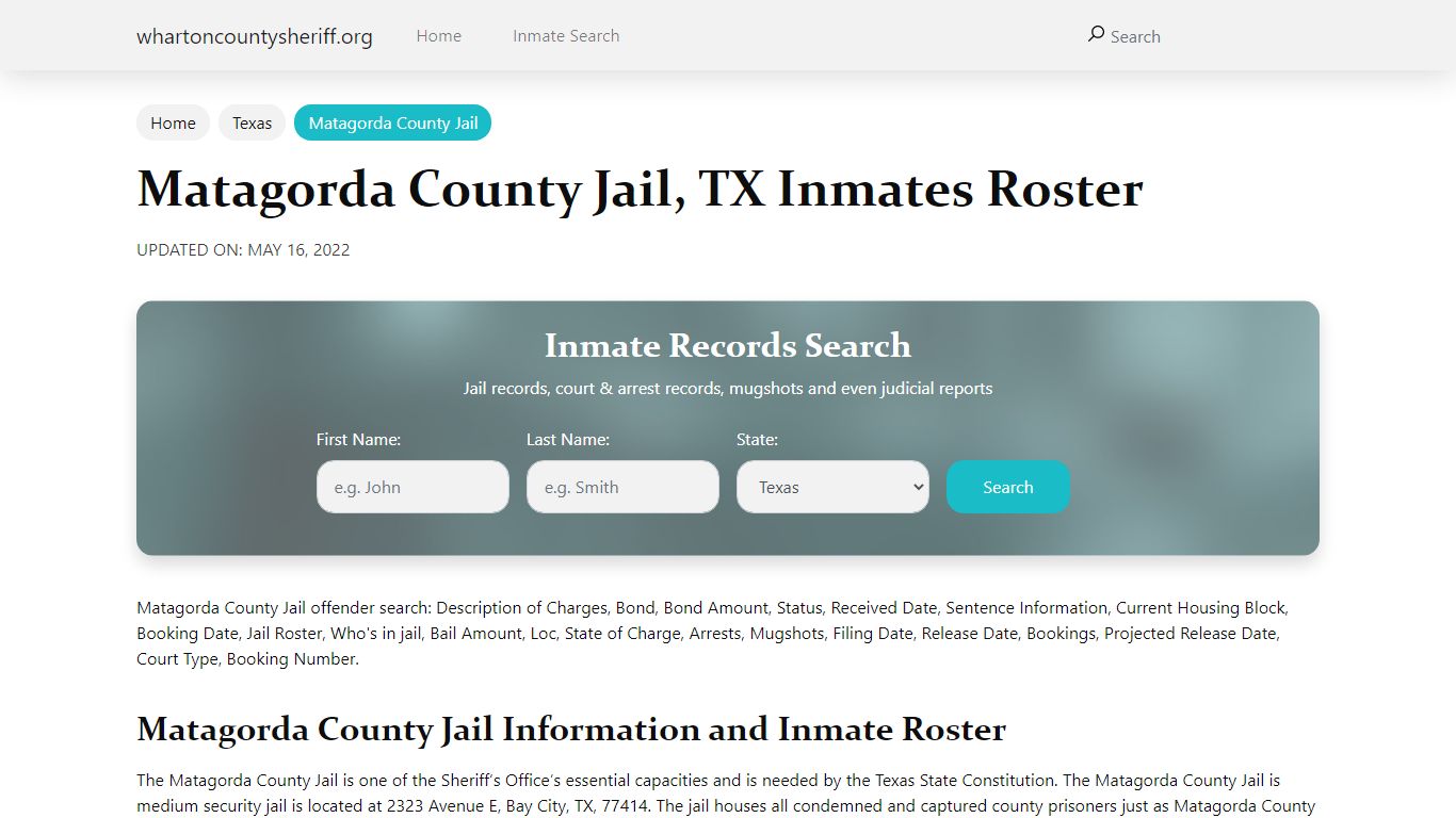 Matagorda County Jail, TX Jail Roster, Name Search